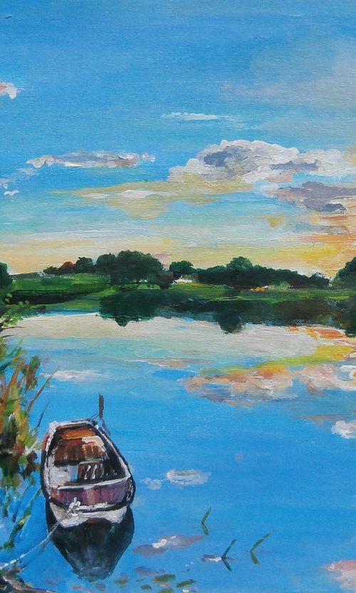 Sunset on the river / 35.5 X 25.3 cm by Zoran Mihajlović Muza