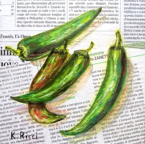 "Chili Peppers on Newspaper" Original Oil on Canvas Board Painting 6 by 6 inches (15x15 cm) by Katia Ricci