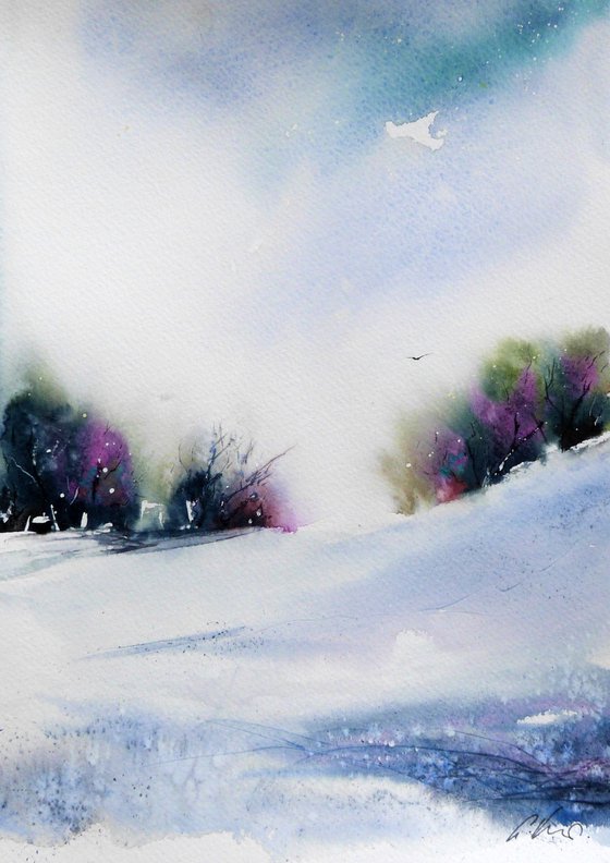 A wintry walk. Original watercolour painting.