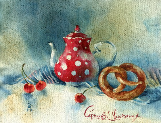"Summer still life with cherries" - original watercolor artwork