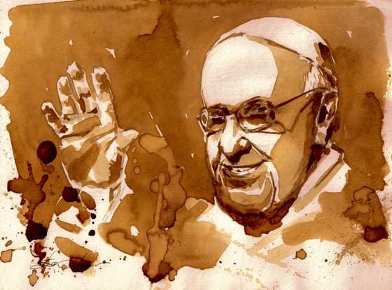 Portrait of Pope Francis painted with coffee