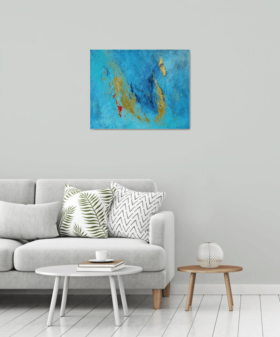 Teal, Blue and Gold Large Abstract Painting. Modern Textured Art