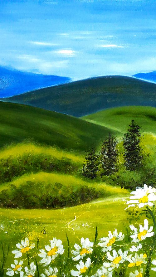 Spring mountain landscape house in mountains daisies" In mountains" by Halyna Kirichenko