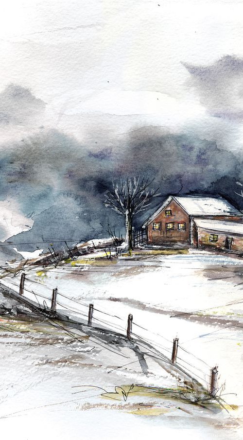 Winter clouds - original watercolor painting by Aniko Hencz