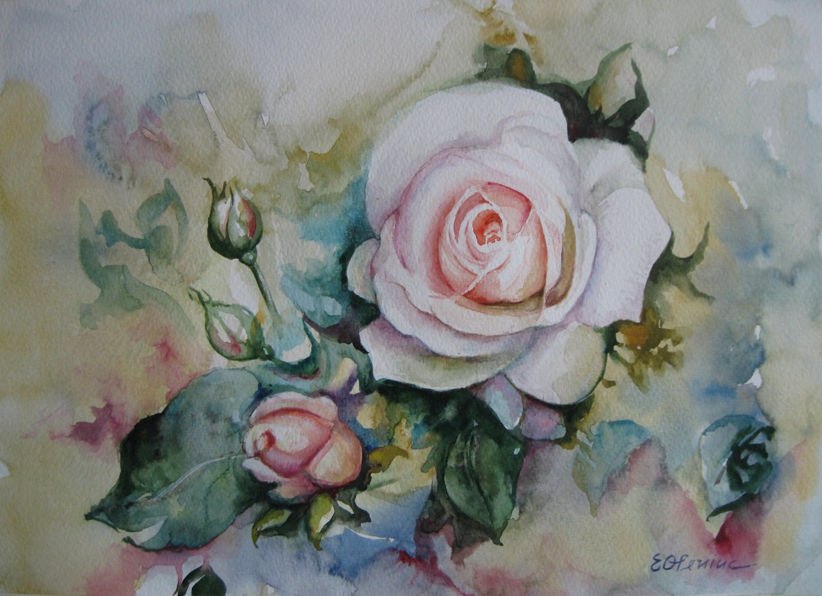 Impressionistic Botanical Watercolour By Elena Oleniuc, 14 X 10, Roses, Original Artwork