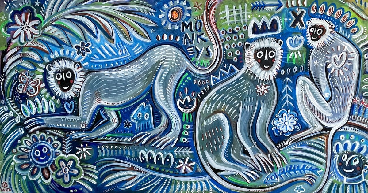 Impressionistic Animal Acrylic Painting By Daria Kusto, 48 X 26, Three Monkeys, Original Artwork