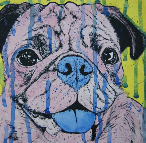 Pink Pug. Dog Painting. Acrylic on paper. A4. Free Shipping