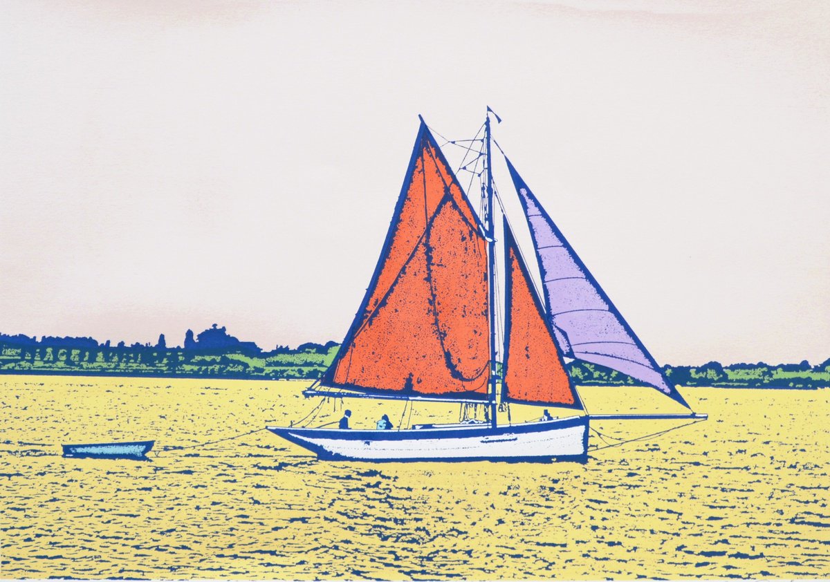 Landscape Screenprint By Talia Russell, 39 X 28", Summer Sailing Ii, Original Artwork