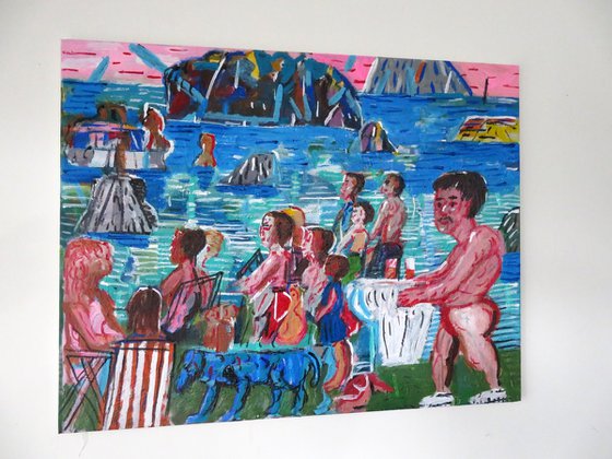 beach scene with blue dog