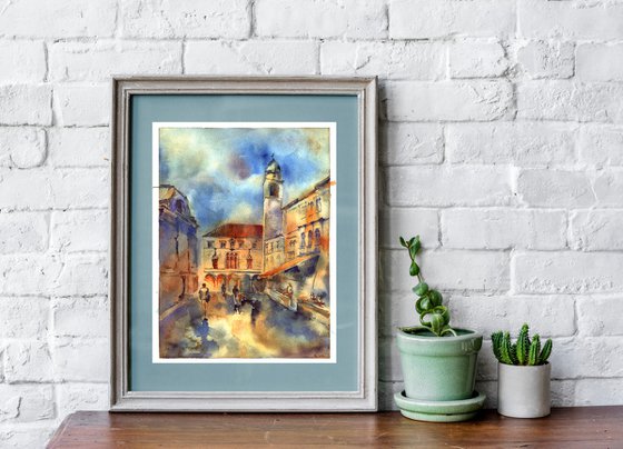 "Impressionistic street in bright colors" architectural artwork in watercolor