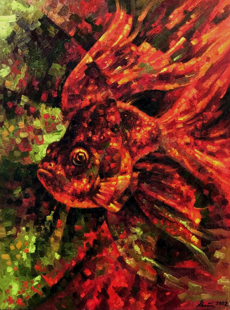 Expressive Animal Oil Painting By Serhii Voichenko, 24 X 32", Gold Fish, Original Artwork