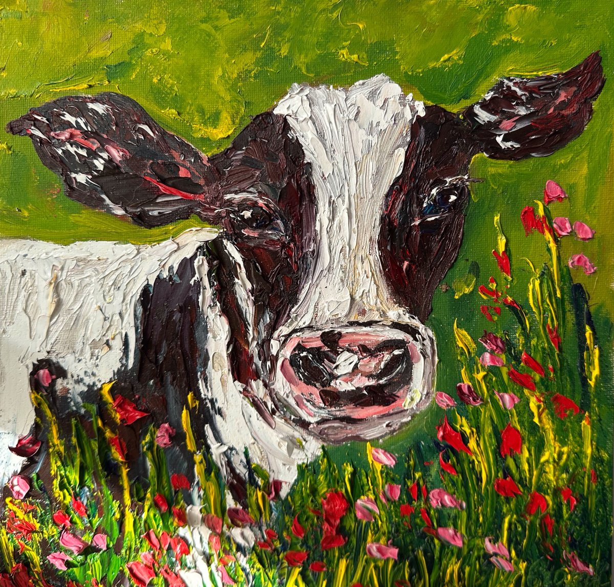 Impressionistic Animal Oil Painting By Oksana Fedorova, 10 X 10", Portrait Of A Cow, Original Artwork