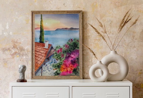 Mediterranean vibe - original watercolor cityscape seaview