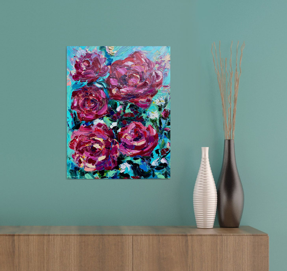 Roses - The burst of pink, 35*45cm, impressionistic flowers oil painting in pink and turquoise