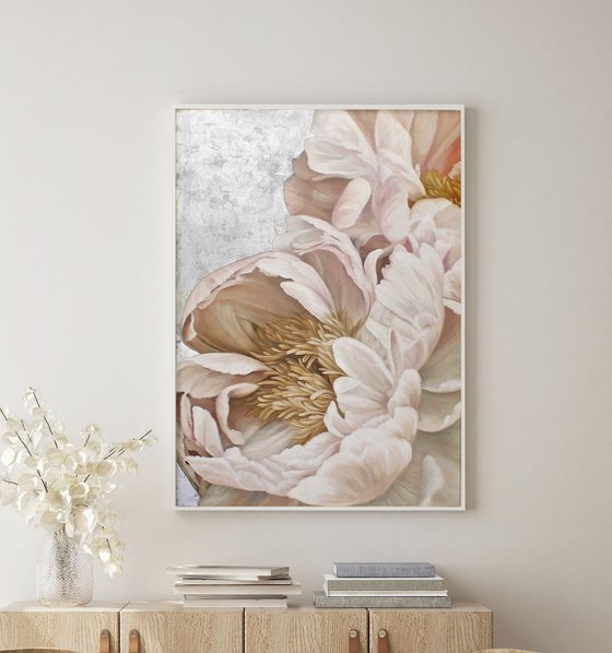 "Silk Flowers" Pink silver peonies oil art