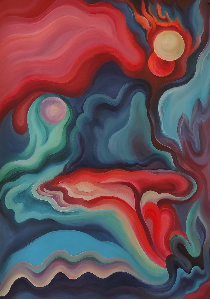 Surrealistic Abstract Acrylic Painting By Tetiana Borys, 17 X 24", Moon In The Red Sky, Original Artwork