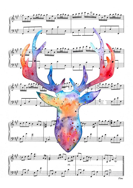 Deer, watercolor on sheet music