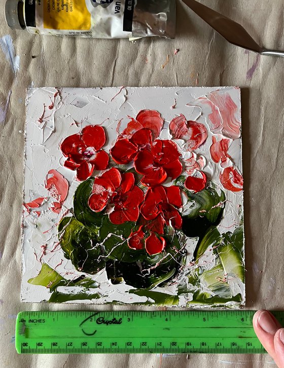 Geranium Painting Floral Original Art Flowers Oil Impasto Artwork Small Wall Art 6 by 6" by Halyna Kirichenko