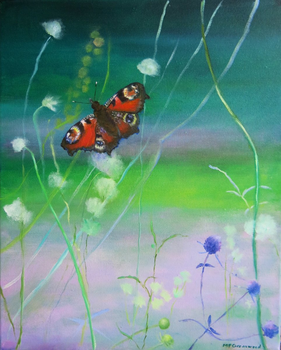 Impressionistic Animal Oil Painting By Maureen Greenwood, 16 X 20", Peacock Butterfly, Original Artwork