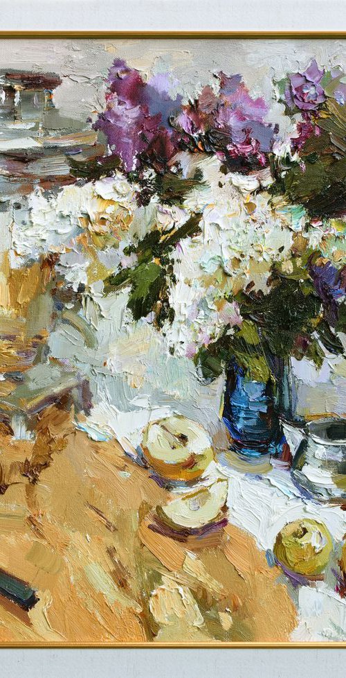 Samovar and Lilac Still Life - Original oil painting Framed by Anastasiia Valiulina