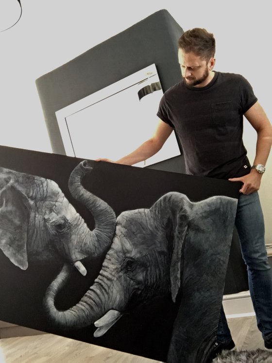 Elephants, blue grey large artwork