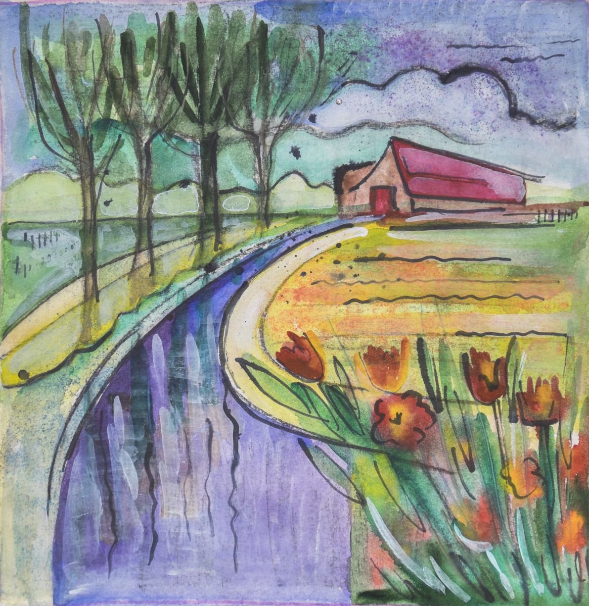 Illustrative Landscape Watercolour By Ariadna De Raadt, 13 X 13, Holland Seasonal 2, Original Artwork