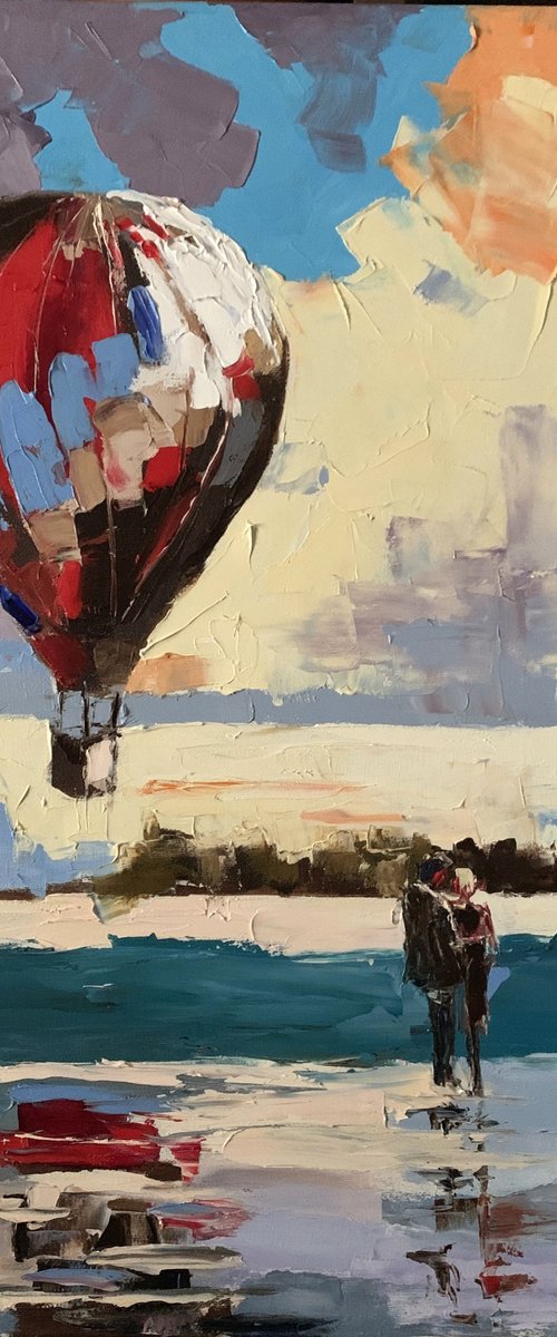 Red, Yellow, blue air balloon. Seascape. by Vita Schagen