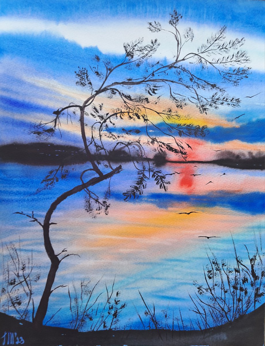 Sunset on the lake. Diptych. by Yuliia Sharapova