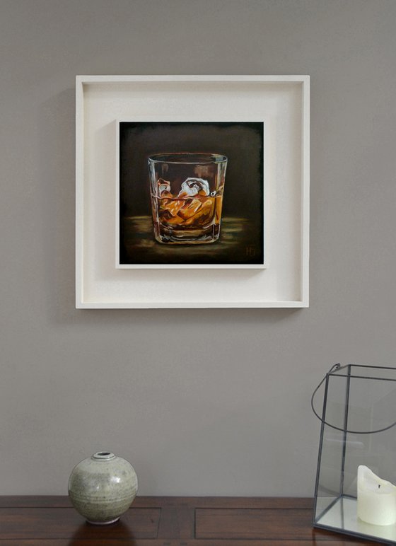 The glass of whiskey, Bourbon Painting Original Art Whiskey Ice Wall Art Cocktail Artwork