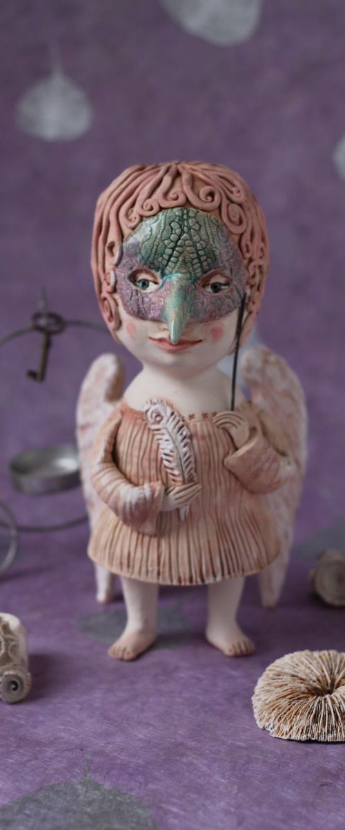 Angel with a mask. Ceramic OOAK sculpture. by Elya Yalonetski