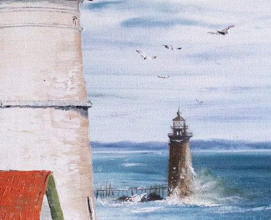 "Portland Lighthouse" Original oil painting, for portrait wall hanging.