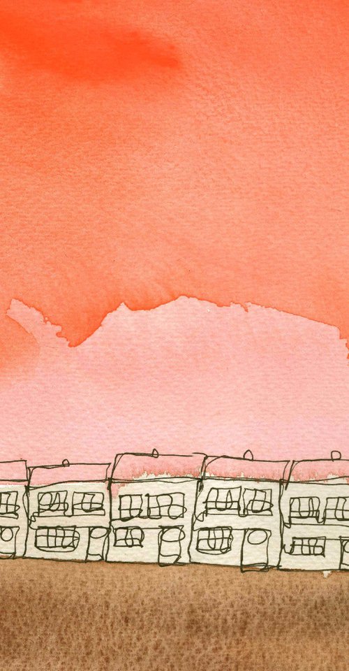 Terraced houses with peachy orange and brown washes. Continuous Line Artwork by Steve John