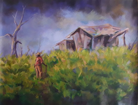 Once there was a cottage, green landscape art