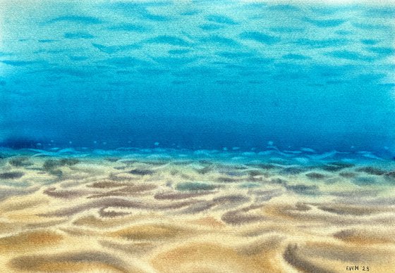 Reflection of the sun and waves on the sandy seabed. Bright summer watercolor. Original artwork.