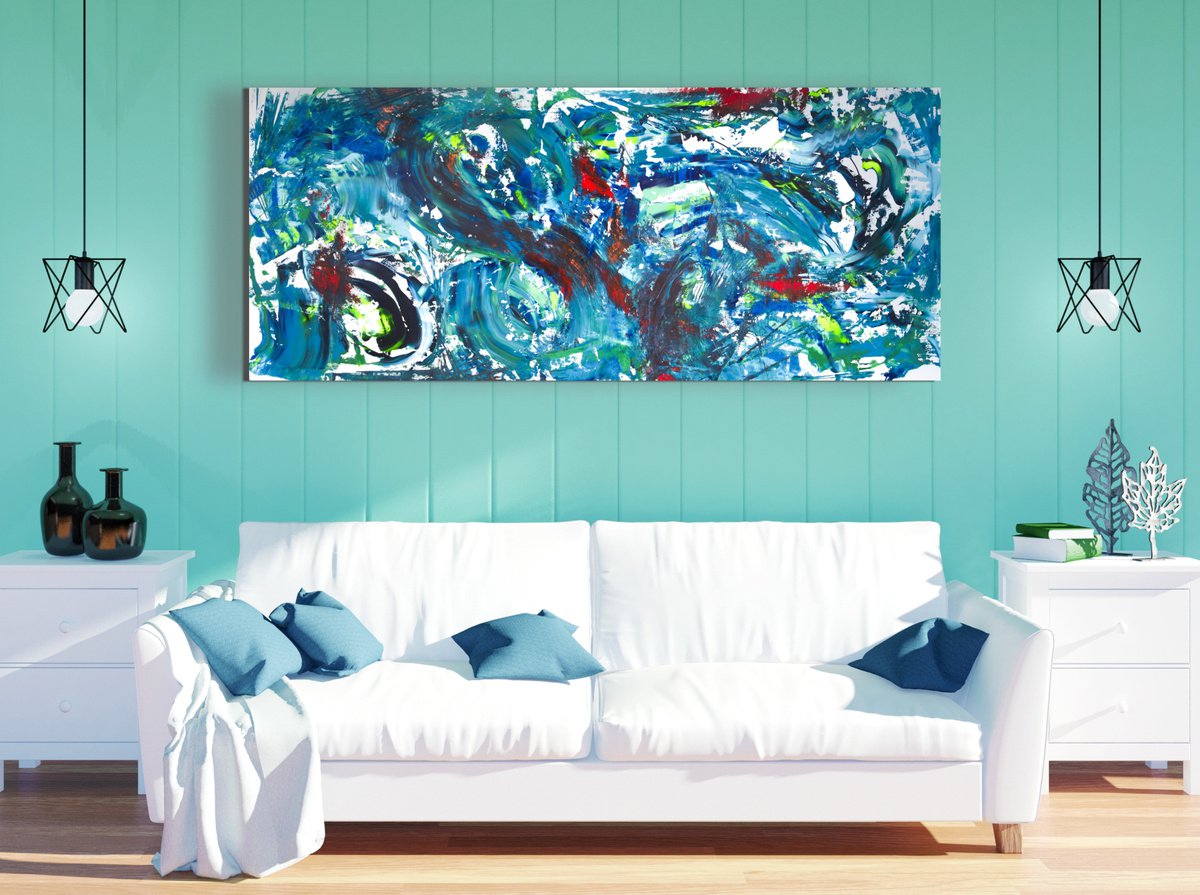 Expressive Landscape Acrylic Painting By Davide De Palma, 79 X 35, Deep Sea, Original Artwork