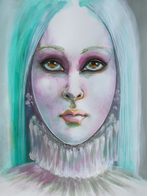 "The girl with turquoise hair" - mixed media - portrait - illustration - manga - drawing - paper by Fabienne Monestier