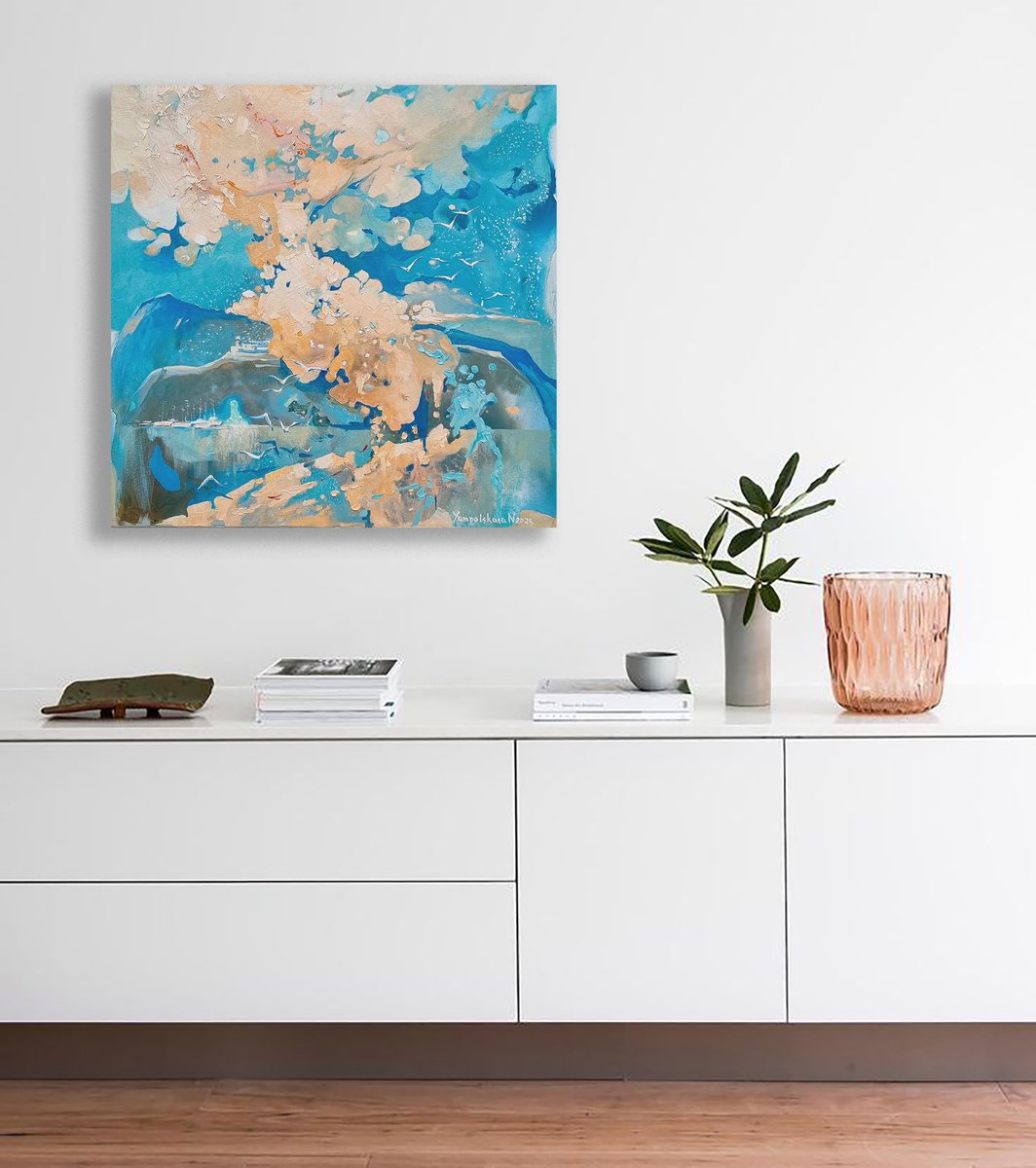 Abstract Landscape Oil Painting By Natalia Yampolskaia, 24 X 24", Sea. Spilled Sky 1, Original Artwork