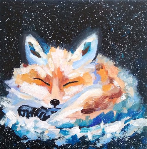 Sleeping Fox Painting Original Art Small Animal Artwork Miniature by Yulia Berseneva