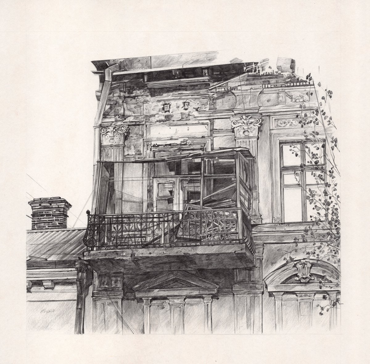 Photorealistic Cityscapes Drawing By Daria Maier, 12 X 12, Old Odessa Balcony, Original Artwork