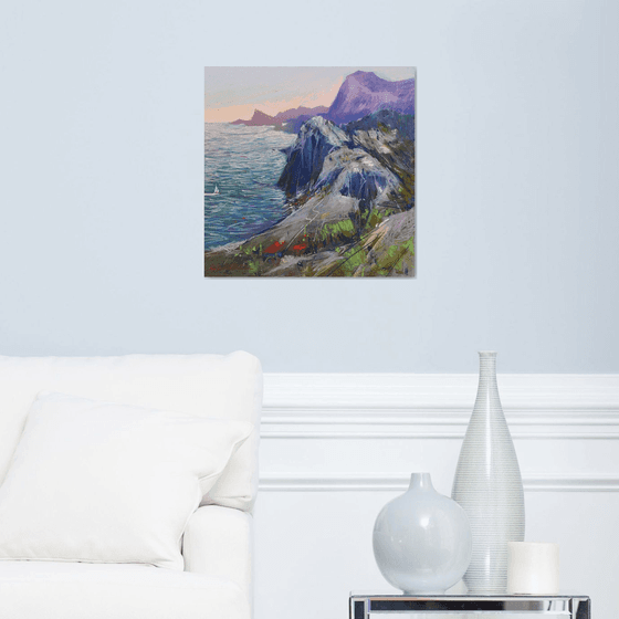 Ukrainian painting Sudak Crimea Mountains and sea landscape Soft pastel 19.6x19.6 inch (50x50 cm)