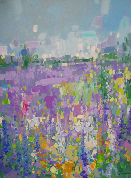 Lavenders, Abstract Landscape, Original oil painting, Large Size, One of a kind Signed with Certificate of Authenticity