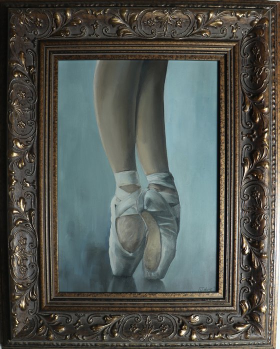 Ballet Feet in Grey, On Pointe Painting, Ballerina, Dance, Framed and Ready to Hang, Feet on Tip-Toes