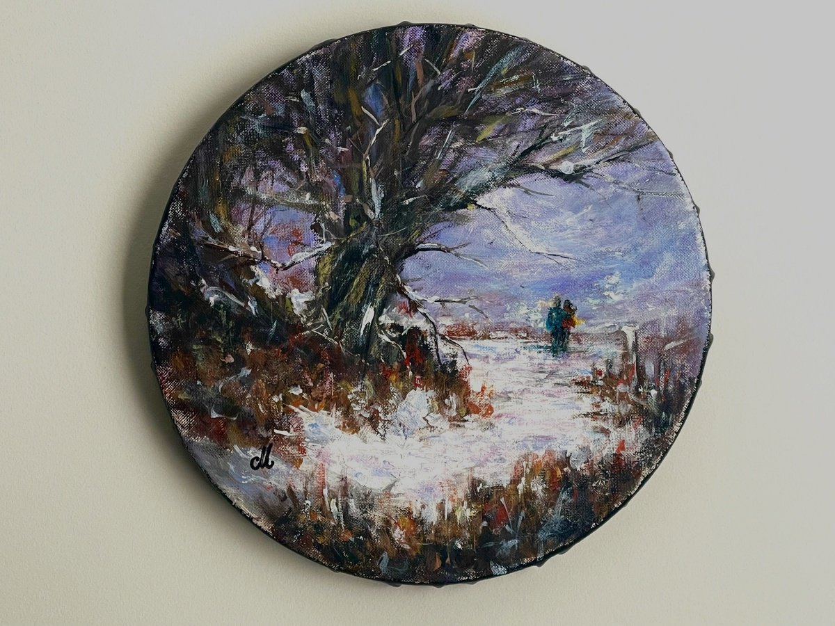 Impressionistic Landscape Acrylic Painting By Cristina Mihailescu, 9 X 9, Snowbound Hearts, Original Artwork