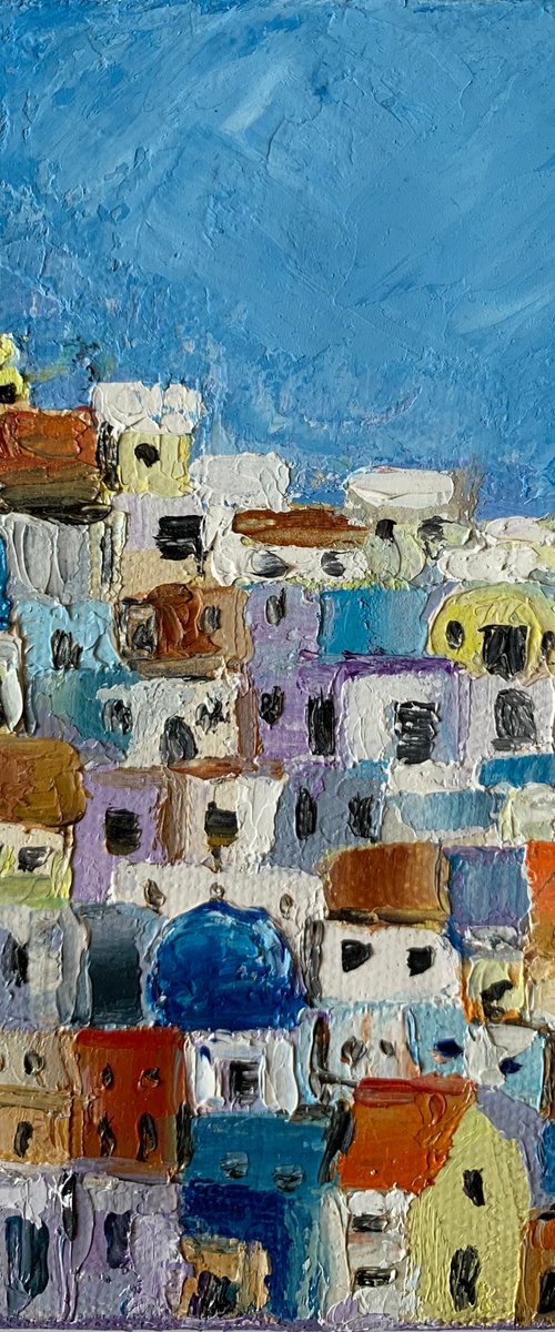 Santorini cityscape! Miniature oil painting by Amita Dand