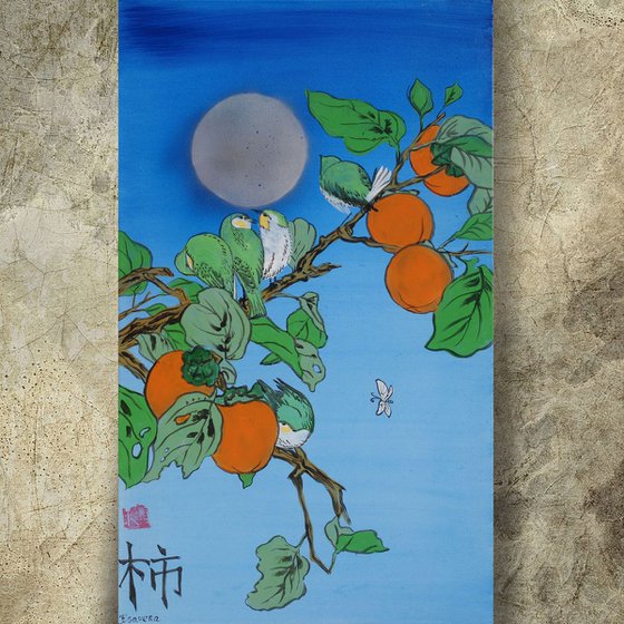 Persimmon brunch moon and birds Japan Hieroglyph original artwork in japanese style J099 ready to hang painting acrylic on stretched canvas wall art