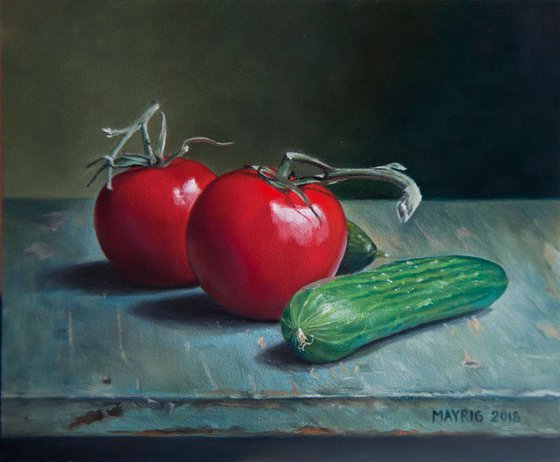 Still life with tomatoes and pickles (Original Oil Painting)