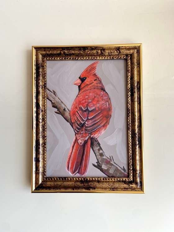 Red Cardinal Bird painting framed 5x7inch