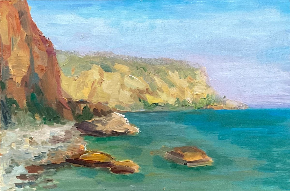 Impressionistic Landscape Oil Painting By Vera Klimova, 12 X 8", Small Sea, Original Artwork