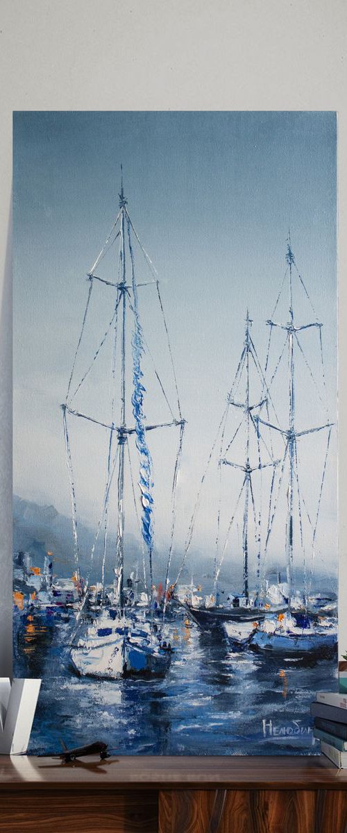 Yachts in the harbor by Aleksandr Neliubin
