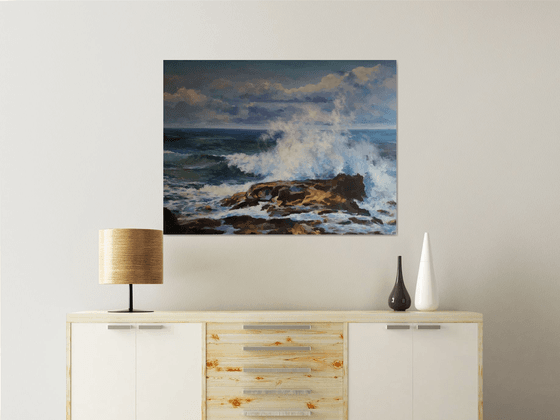 Sun on the ocean wave, original one of a kind acrylic on wide edges canvas seascape